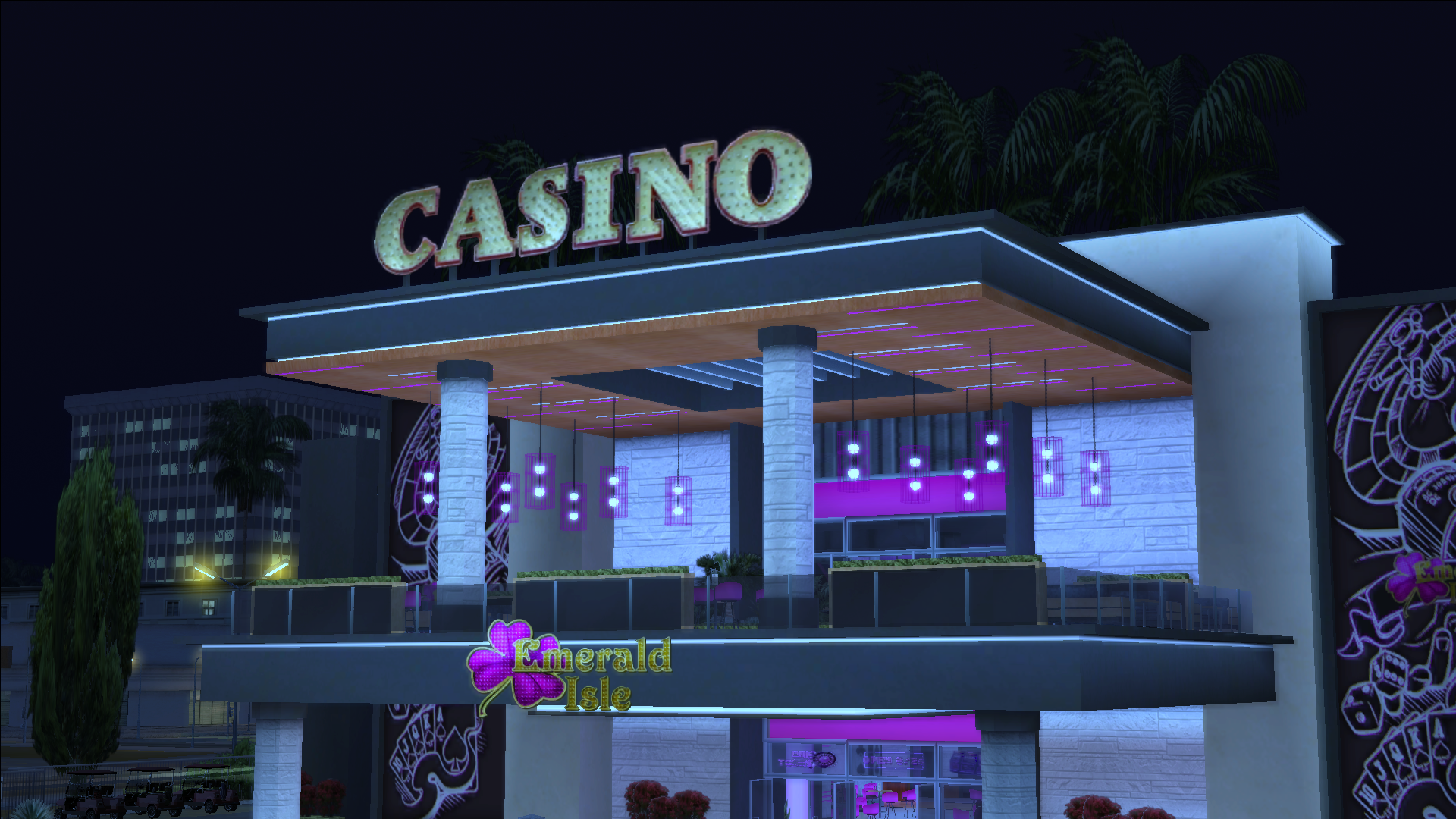 Interior del Emerald Casino con mesas de juego y luces de neón
